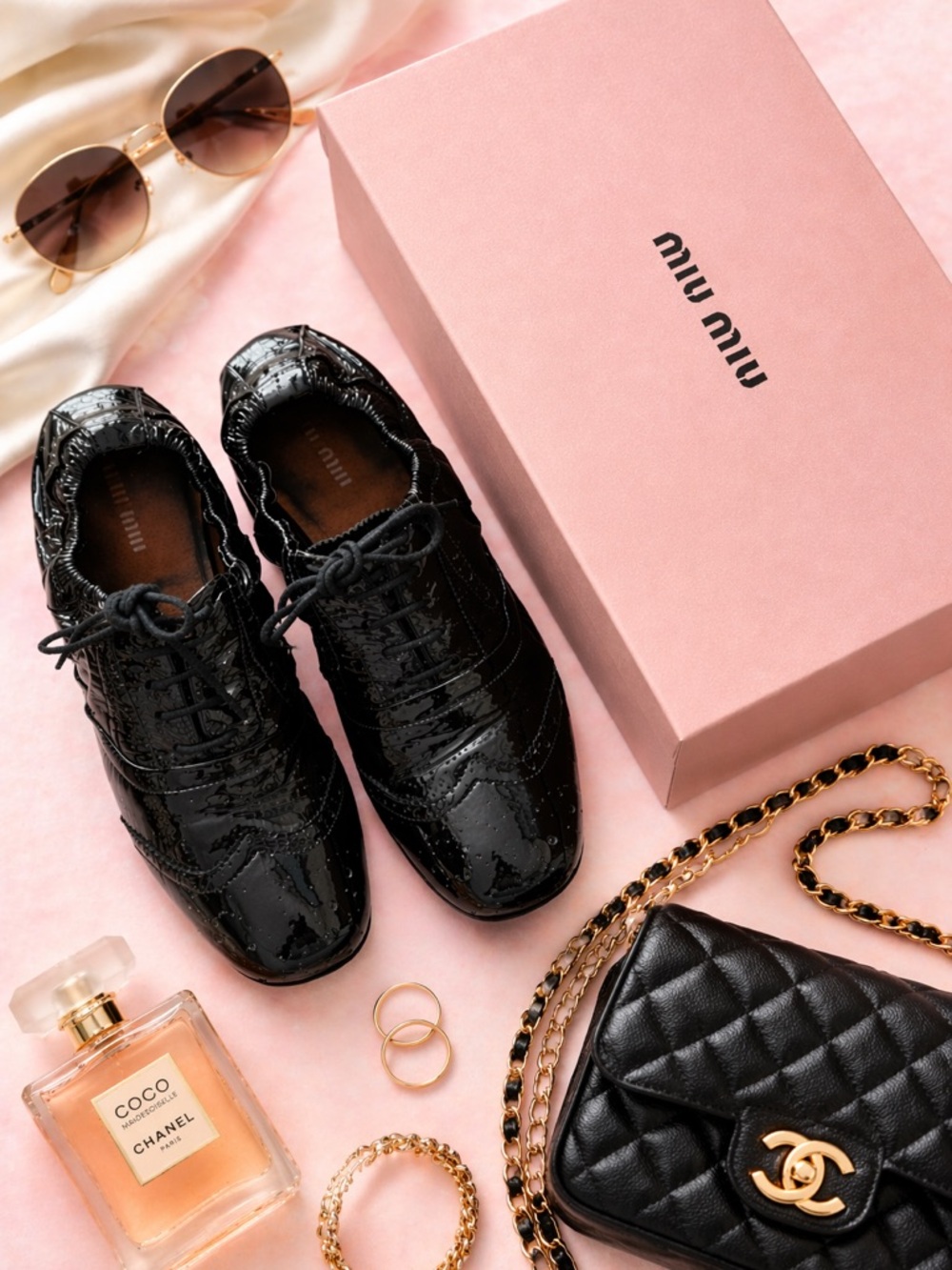 Miu Miu Black Patent Leather Lace-Up Brogues